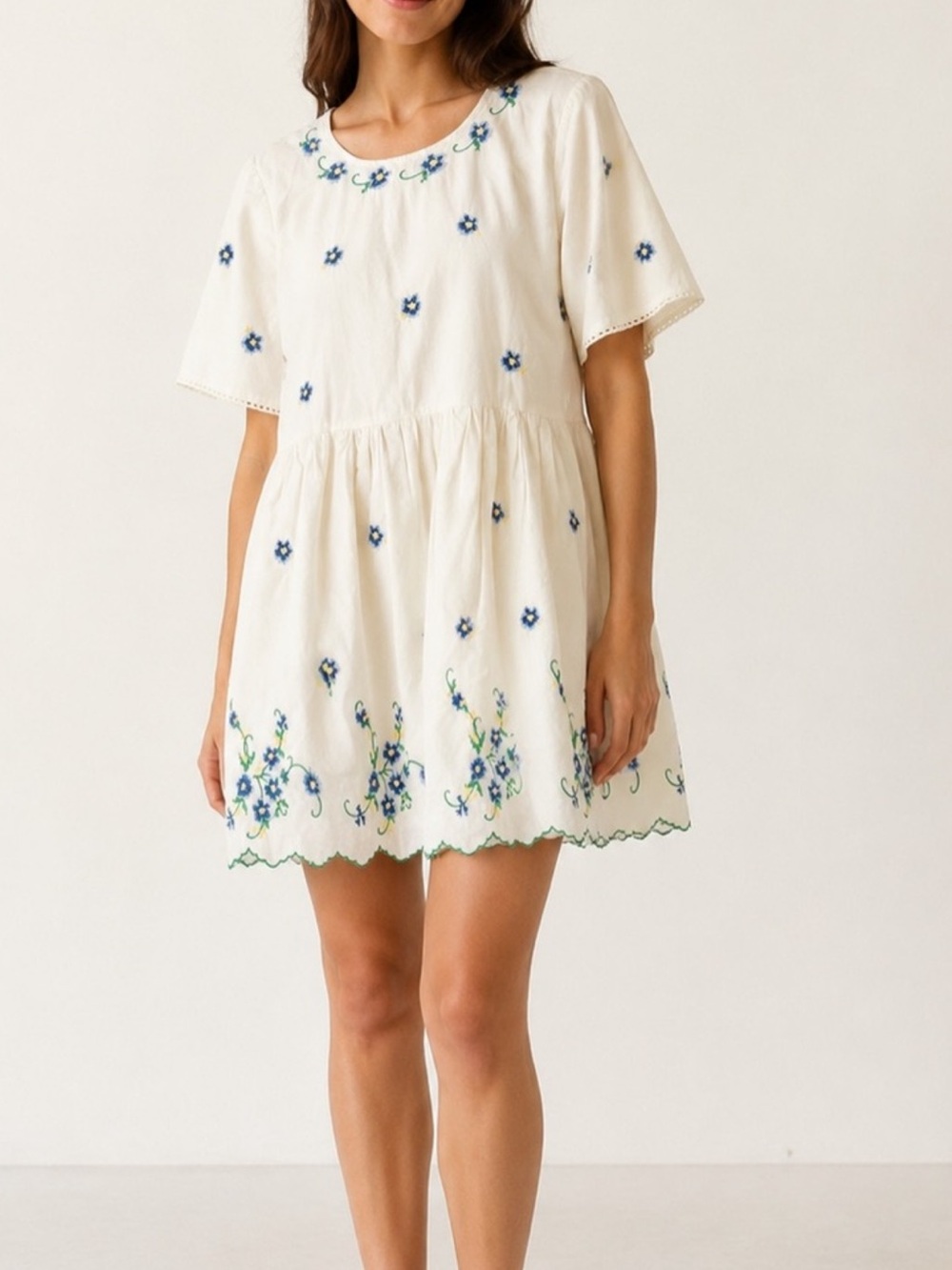 DRA Los Angeles Ivory Mini Dress with Blue Floral Embroidery-Small-NWT